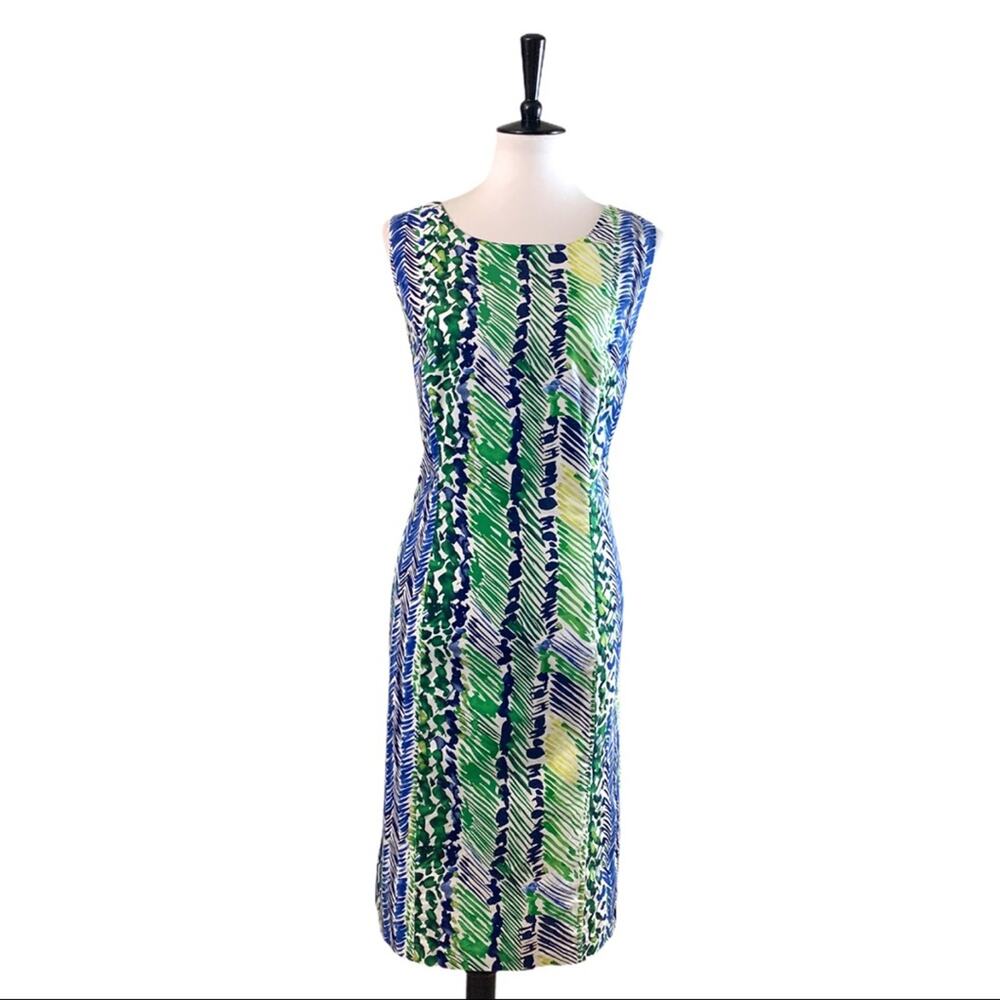 Ashley Stewart Sheath Dress Green Blue Abstract Print Sleeveless Women's Size 12
